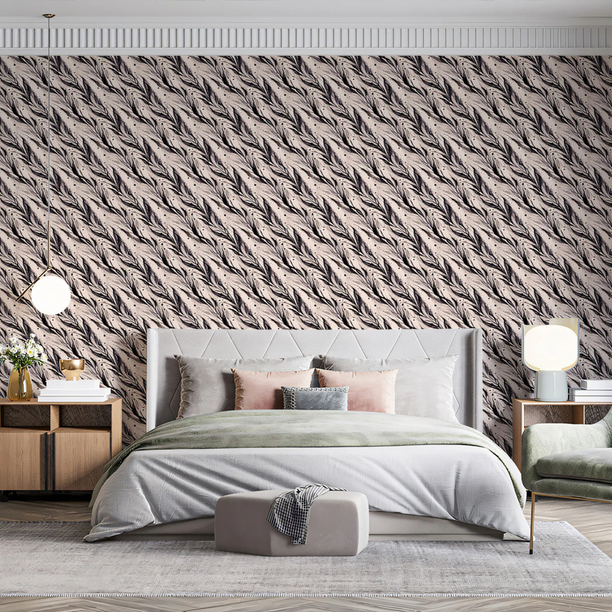 Abstract Leaf Diagonal Mural Wallpaper — Soft Minimalist Print Mural Wallpaper - room preview 02