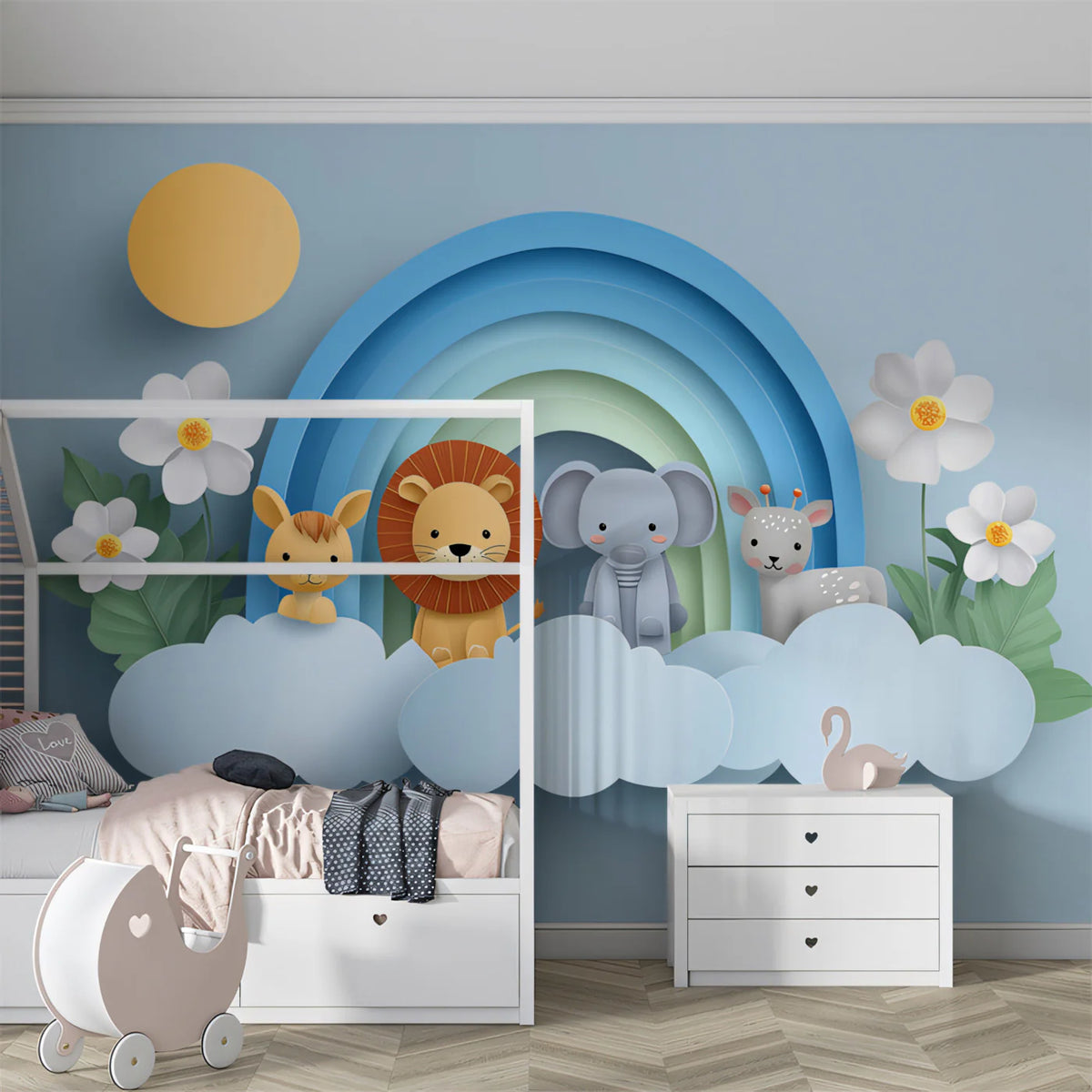 3D Safari Cloud Mural Wallpaper — Whimsical Paper Art Design Mural Wallpaper - room preview 02