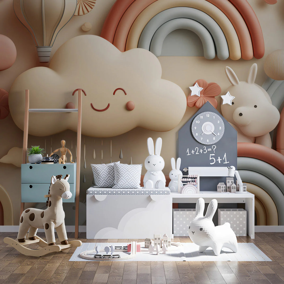 3D Pastel Cloud and Rainbow Mural Wallpaper — Whimsical Decor Mural Wallpaper - room preview 02