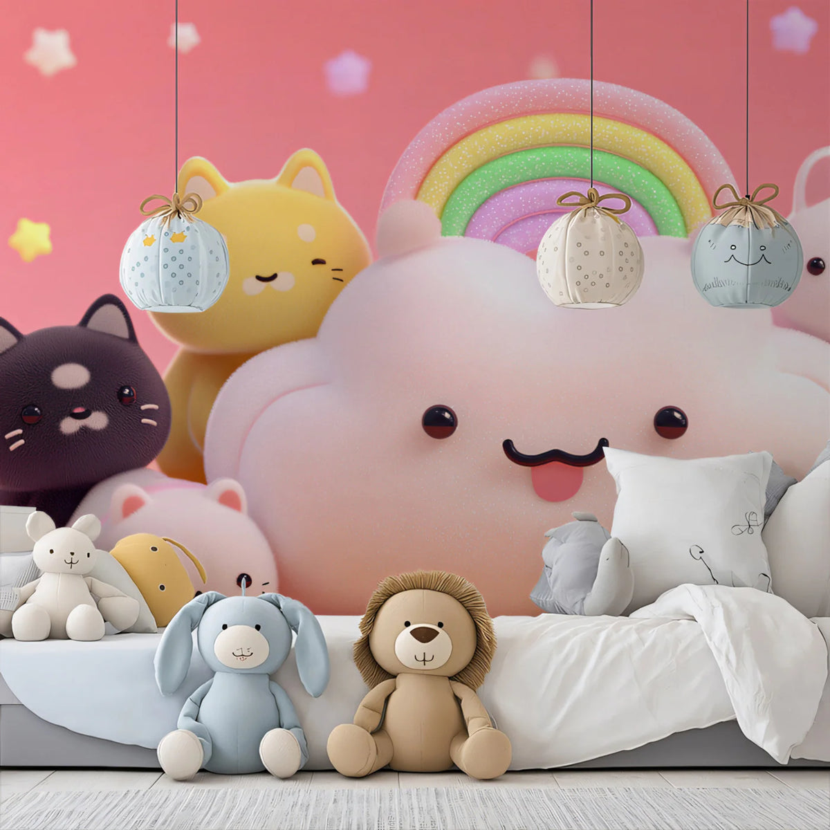 Kawaii Cat Cloud Party Mural Wallpaper — Whimsical 3D Render Mural Wallpaper - room preview 02