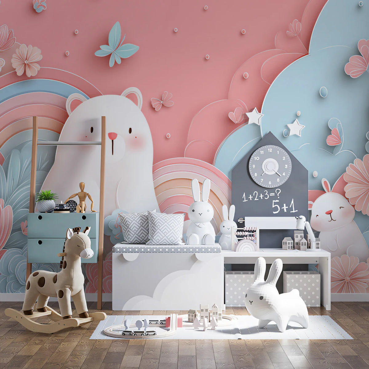 Paper-Cut Garden Bear and Bunny Mural — Whimsical Kids Wall Art Mural Wallpaper - room preview 02