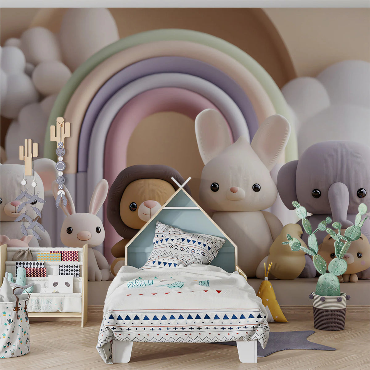 Knitted Plushie Animal Mural Wallpaper — Soft Pastel Rainbow Mural Wallpaper - room preview 02