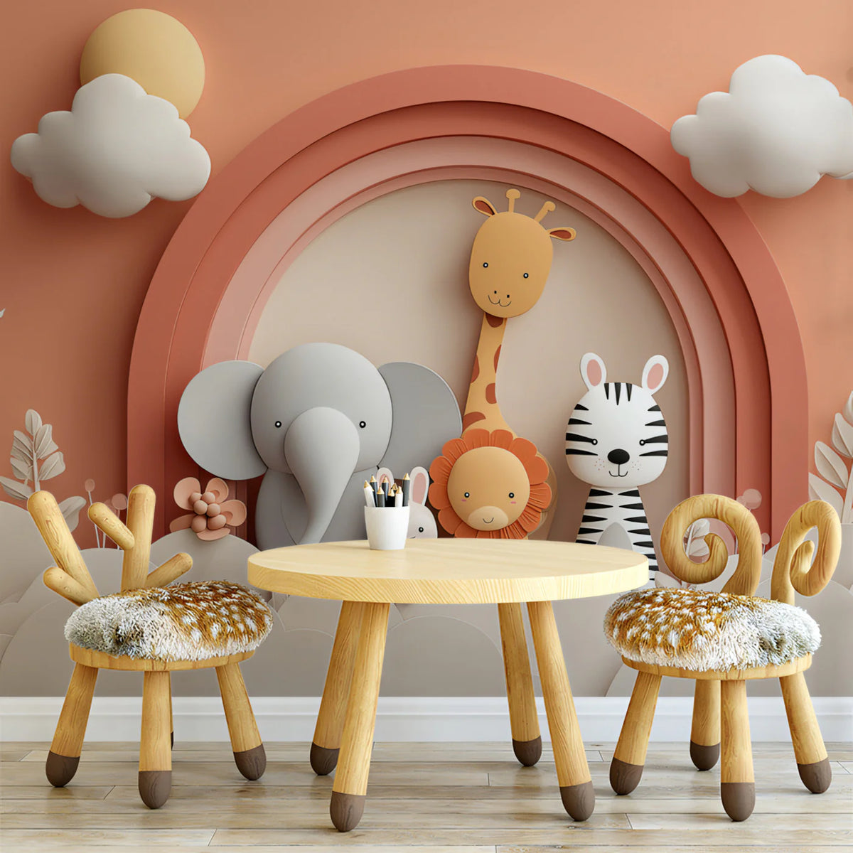 Safari Friends Rainbow Mural Wallpaper — Soft Paper-Cut Aesthetic Mural Wallpaper - room preview 02