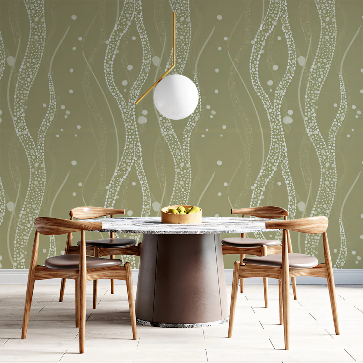 Olive Green Dotted Vine Mural Wallpaper — Organic Flowing Pattern Mural Wallpaper - room preview 02