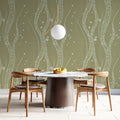 Olive Green Dotted Vine Mural Wallpaper — Organic Flowing Pattern Mural Wallpaper - room preview 02