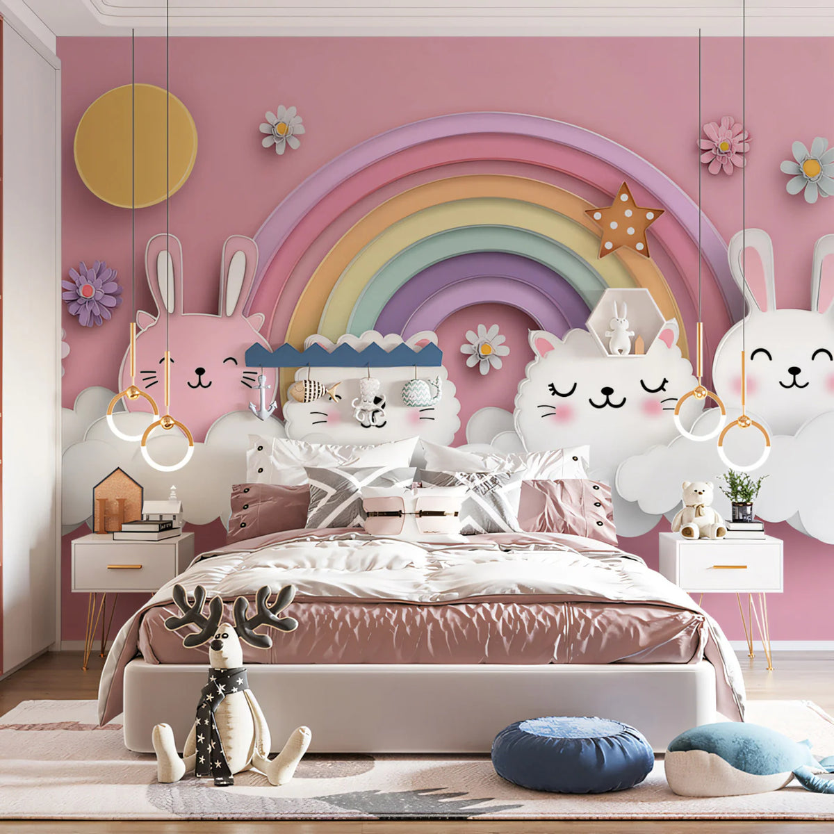 Paper-Cut Animal Rainbow Mural Wallpaper — Whimsical Soft Aesthetic Mural Wallpaper - room preview 02