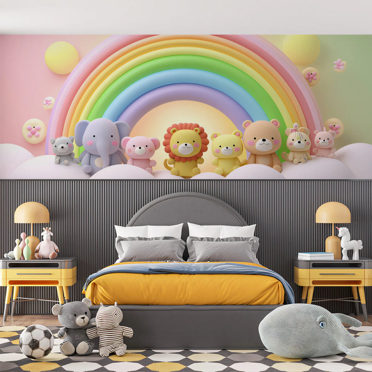 3D Plush Animal Rainbow Mural Wallpaper — Whimsical Kids Decor Mural Wallpaper - room preview 02