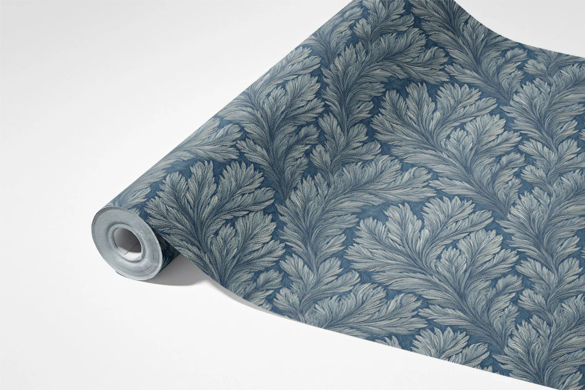 Diagonal Fern Frond Mural Wallpaper — Dusty Blue Botanical Mural Wallpaper - room preview 02