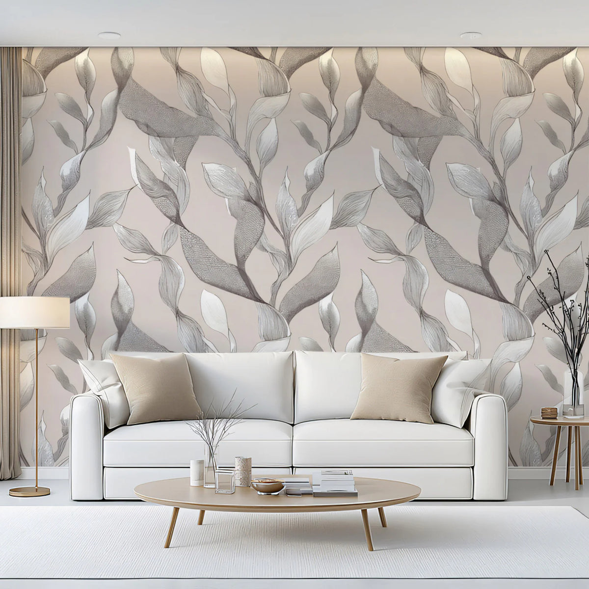 Stippled Botanical Mural Wallpaper — Soft Taupe and Charcoal Mural Wallpaper - room preview 02
