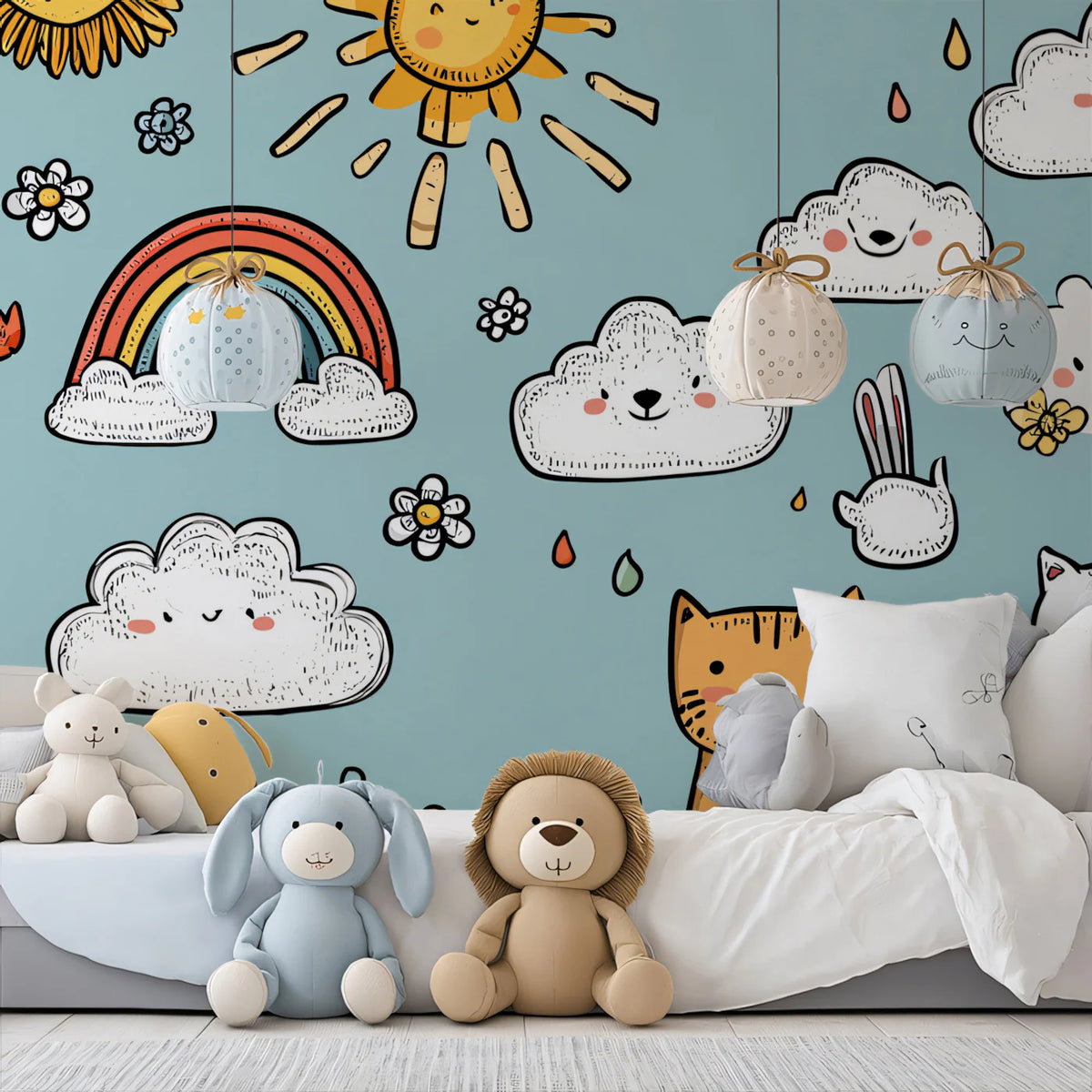 Doodle Animal Friends Mural Wallpaper — Whimsical Sky Blue Design Mural Wallpaper - room preview 02
