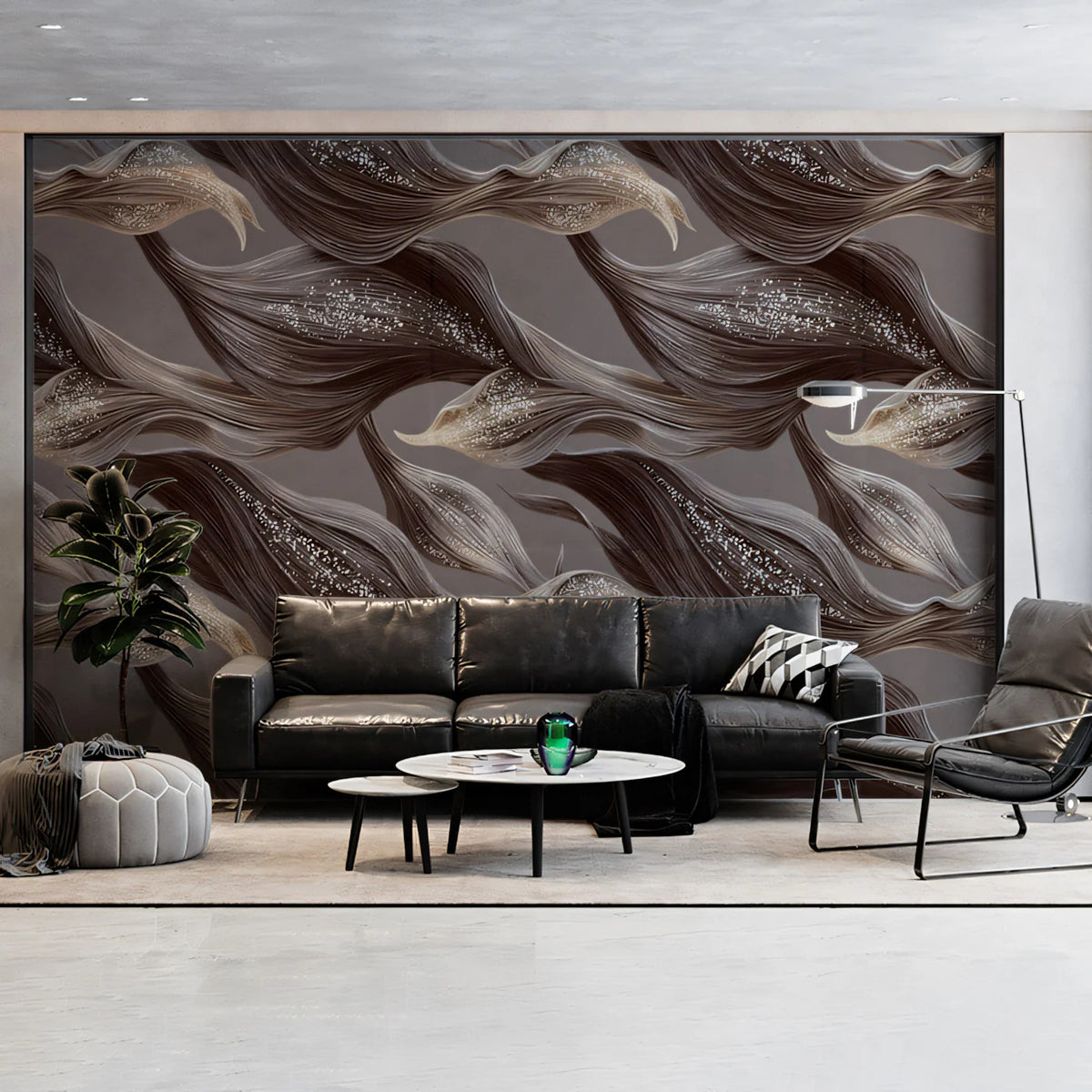 Wavy Leaf Botanical Mural Wallpaper — Mocha and Glimmering Gold Mural Wallpaper - room preview 02