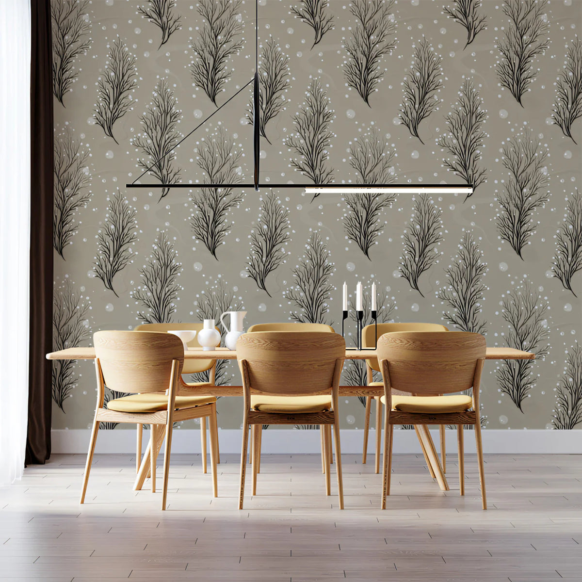 Winter Sprig Mural Wallpaper — Calm Neutral Botanical Mural Wallpaper - room preview 02