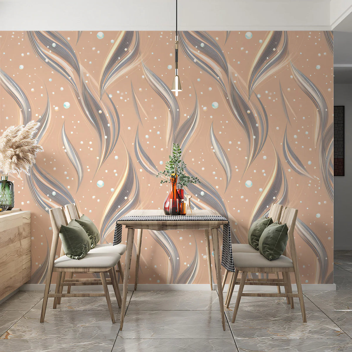 Woven Botanical Mural Wallpaper — Flowing Dusty Rose and Silver Mural Wallpaper - room preview 02