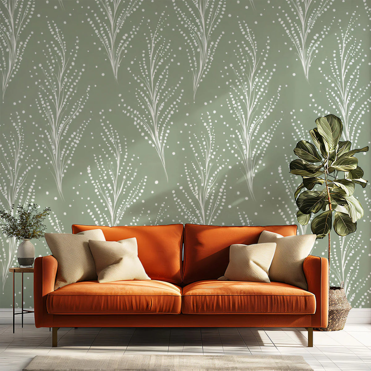 Dotted Fern Frond Mural Wallpaper — Sage Minimalist Botanical Mural Wallpaper - room preview 02
