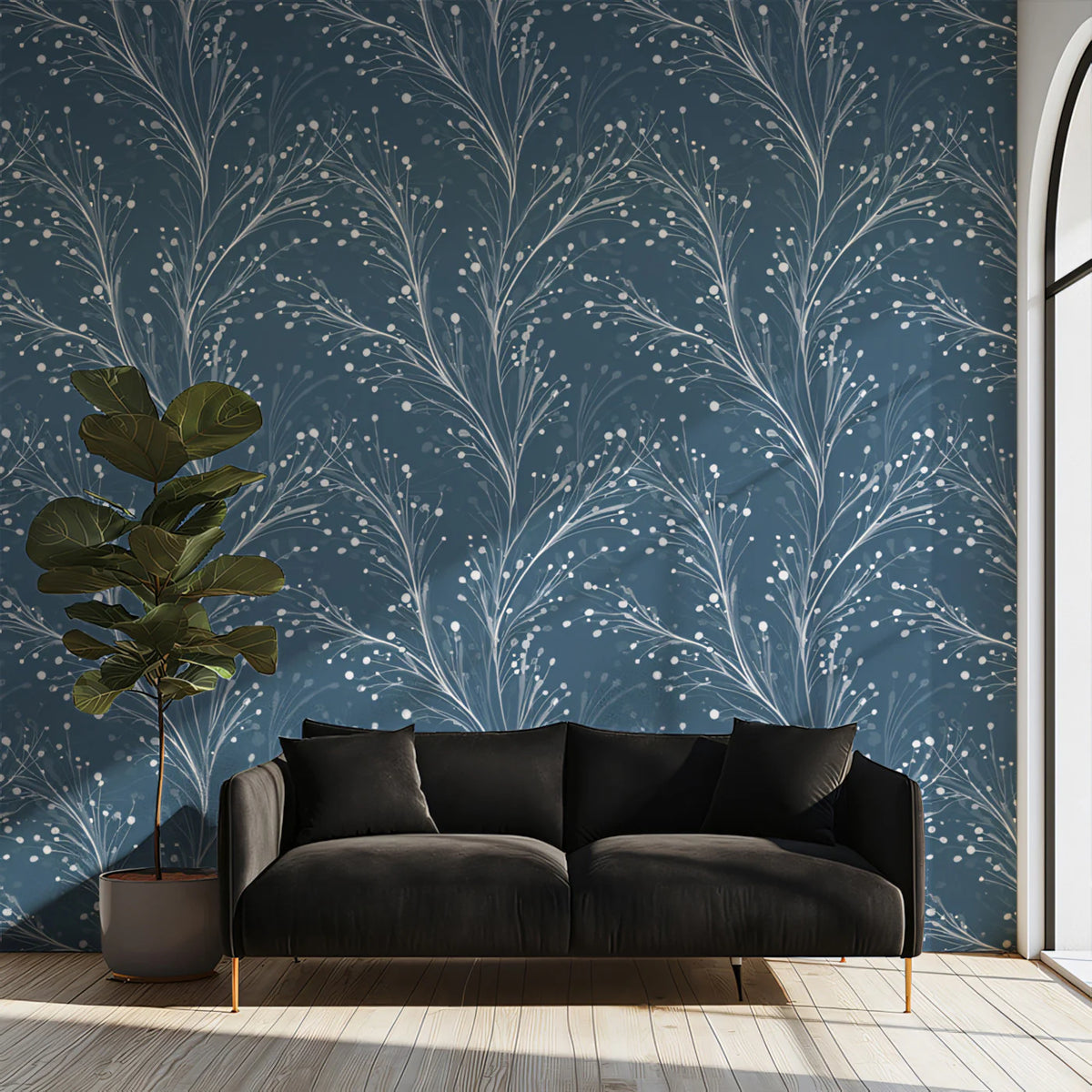 Winter Frost Botanical Mural Wallpaper — Blue and White Sprigs Mural Wallpaper - room preview 02