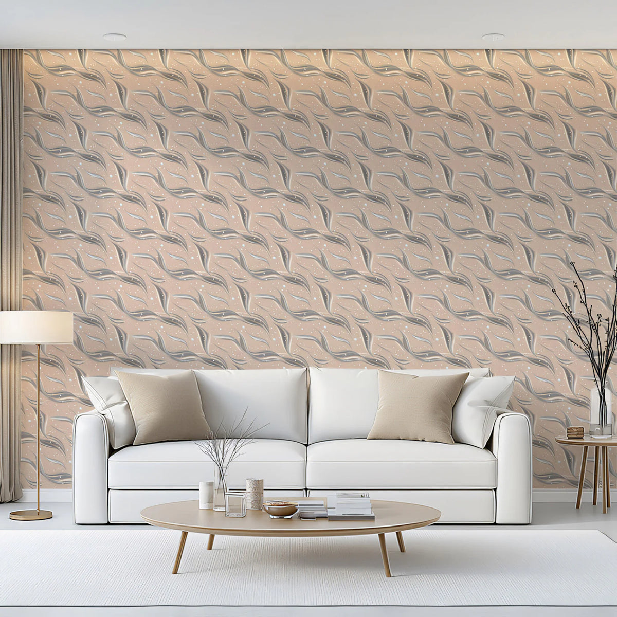 Woven Botanical Mural Wallpaper — Soft Dusty Rose and Gray Mural Wallpaper - room preview 02