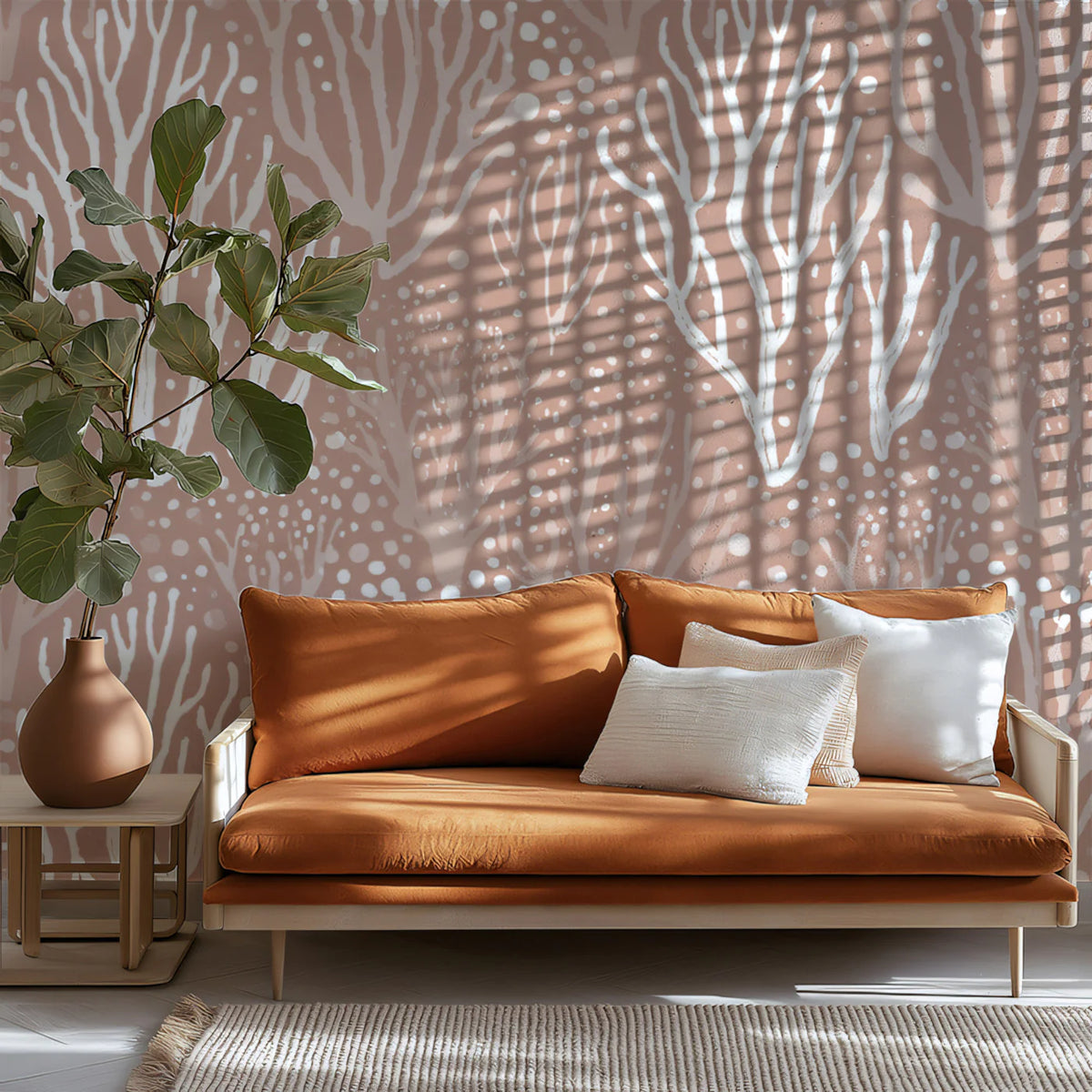 Coastal Coral Mural Wallpaper — Soft Dusty Rose Organic Pattern Mural Wallpaper - room preview 02