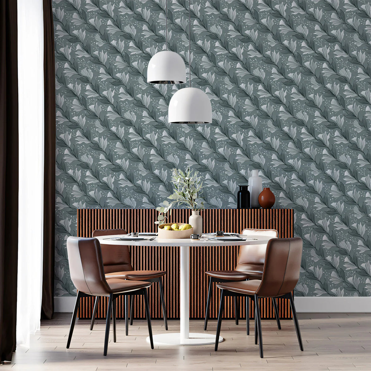 Diagonal Lily Floral Mural Wallpaper — Muted Teal and Gray Mural Wallpaper - room preview 02