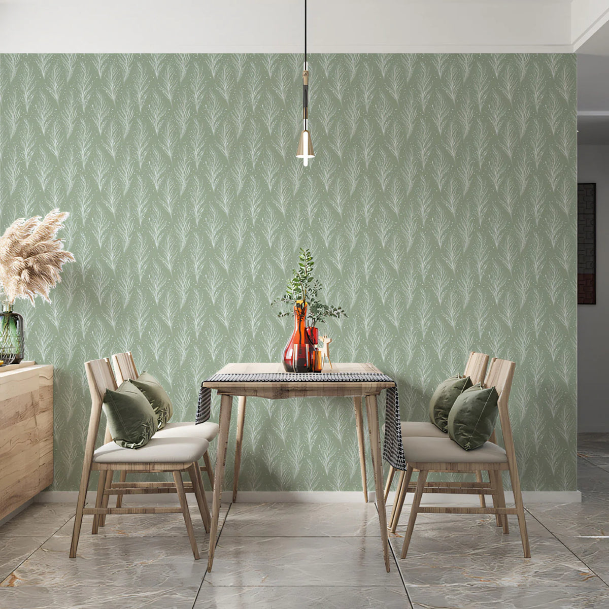 Feathered Leaf Mural Wallpaper — Muted Sage Green Botanical Mural Wallpaper - room preview 02