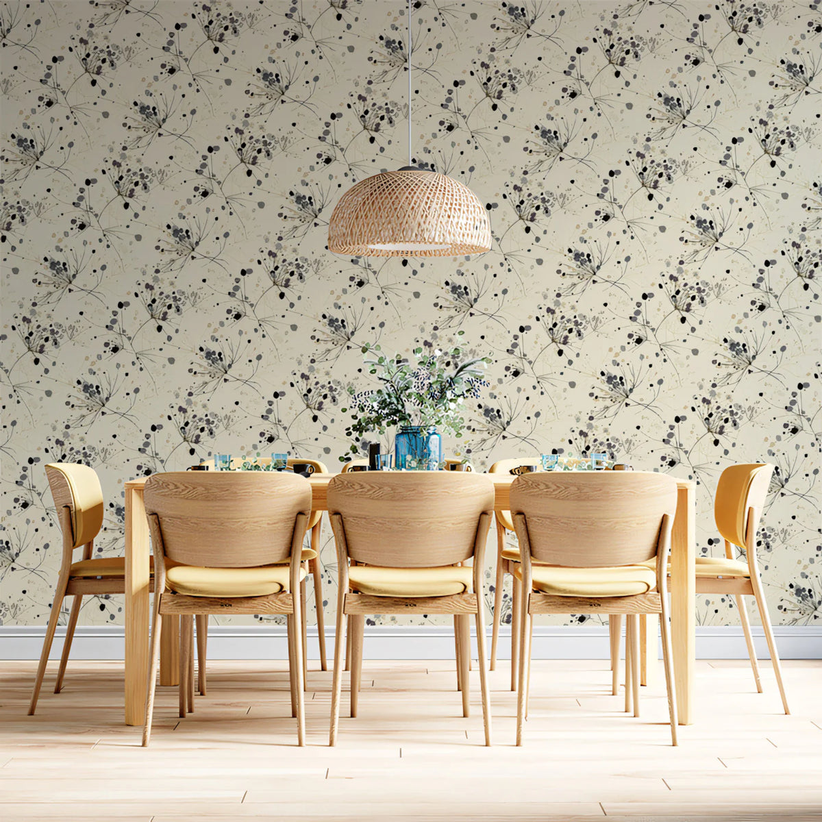 Dandelion Seed Head Mural Wallpaper — Minimalist Botanical Sketch Mural Wallpaper - room preview 02