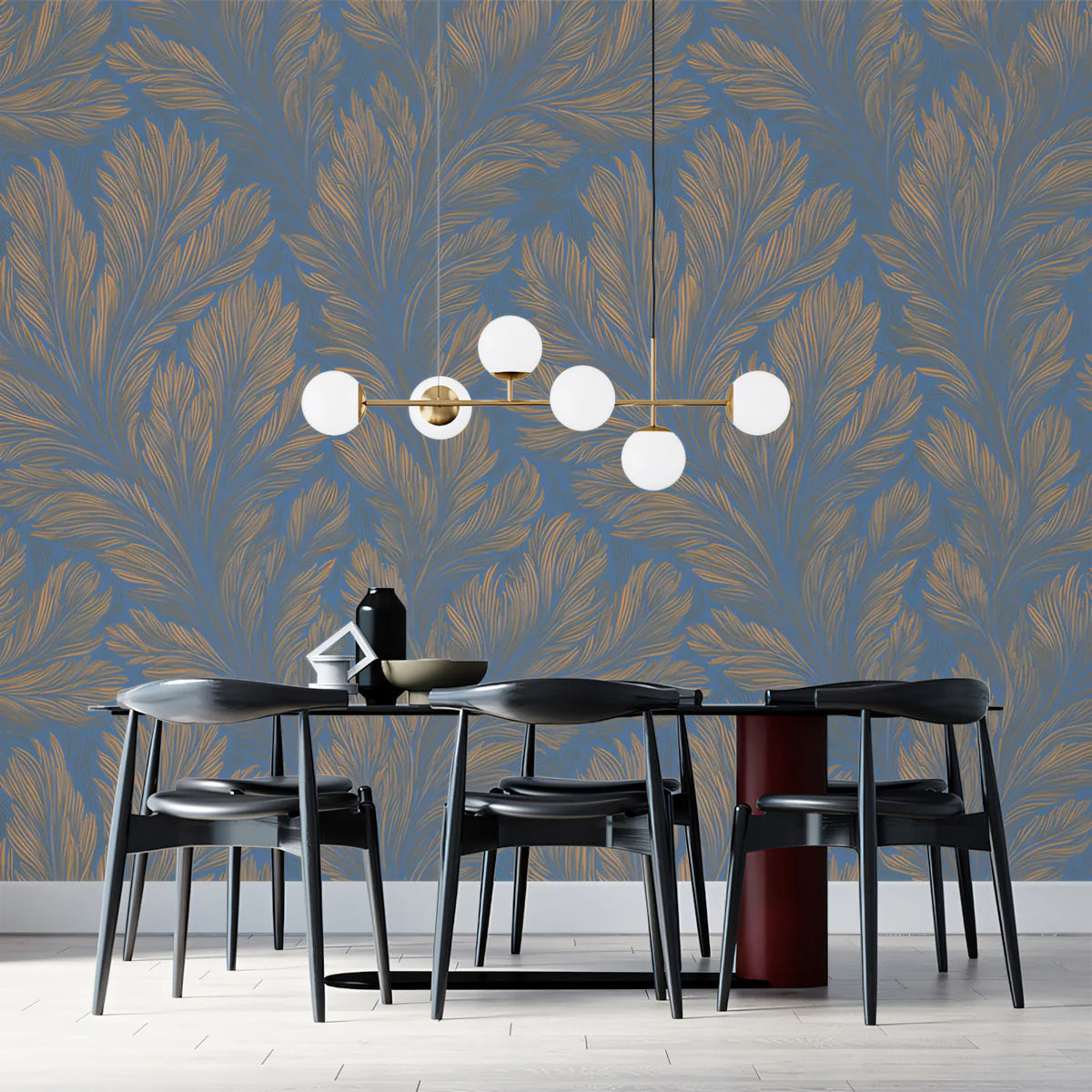 Feathered Leaf Mural Wallpaper — Dusty Blue and Ochre Gold Mural Wallpaper - room preview 02