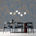 Feathered Leaf Mural Wallpaper — Dusty Blue and Ochre Gold Mural Wallpaper - room preview 02