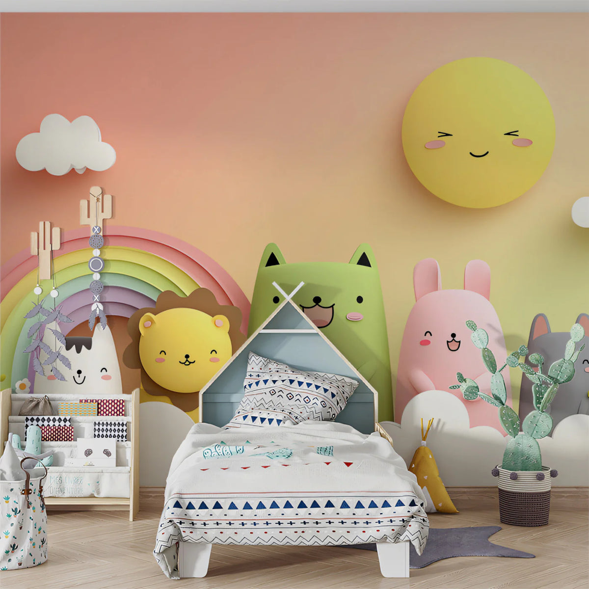 3D Animal Friends Mural Wallpaper — Pastel Rainbow & Sunset Sky Mural Wallpaper - room preview 02