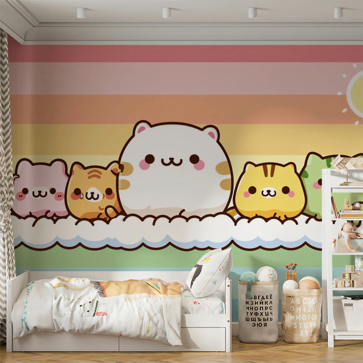 Kawaii Cat Rainbow Cloud Mural Wallpaper — Whimsical Pastel Design Mural Wallpaper - room preview 02