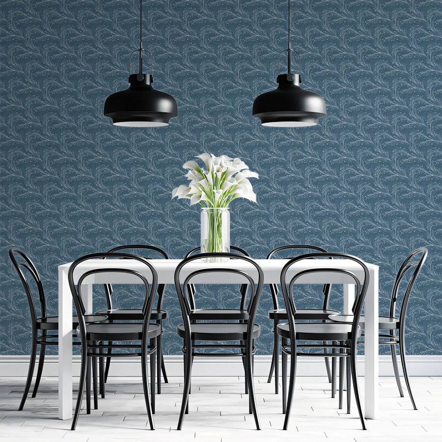 Botanical Wallpaper Mural – Leaf & Plant Wall Mural – Fine Feathered Leaf — Subtle Organic Blue Pattern