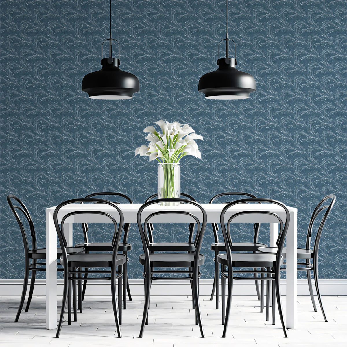 Fine Feathered Leaf Mural Wallpaper — Subtle Organic Blue Pattern Mural Wallpaper - room preview 02