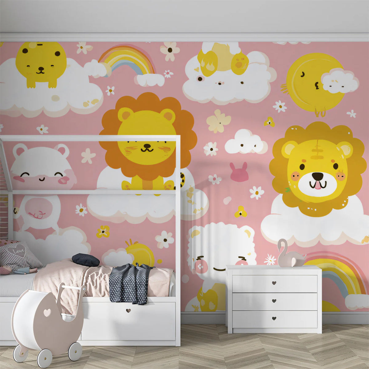 Safari Cloud Whimsical Mural Wallpaper — Pink and Yellow Kids Decor Mural Wallpaper - room preview 02