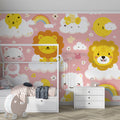 Safari Cloud Whimsical Mural Wallpaper — Pink and Yellow Kids Decor Mural Wallpaper - room preview 02