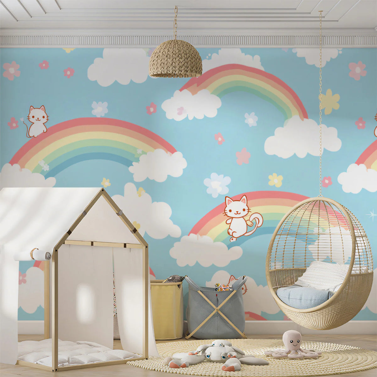 Kawaii Kitten and Rainbow Cloud Mural Wallpaper — Whimsical Decor Mural Wallpaper - room preview 02