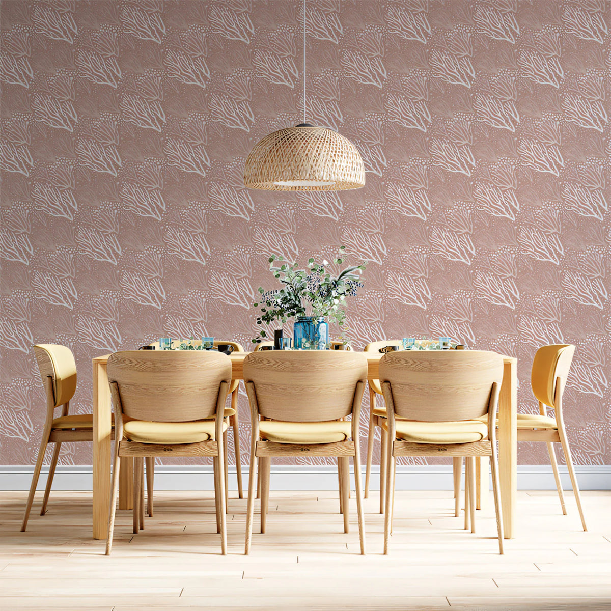 Stylized Coral Reef Mural Wallpaper — Dusty Rose and White Mural Wallpaper - room preview 02