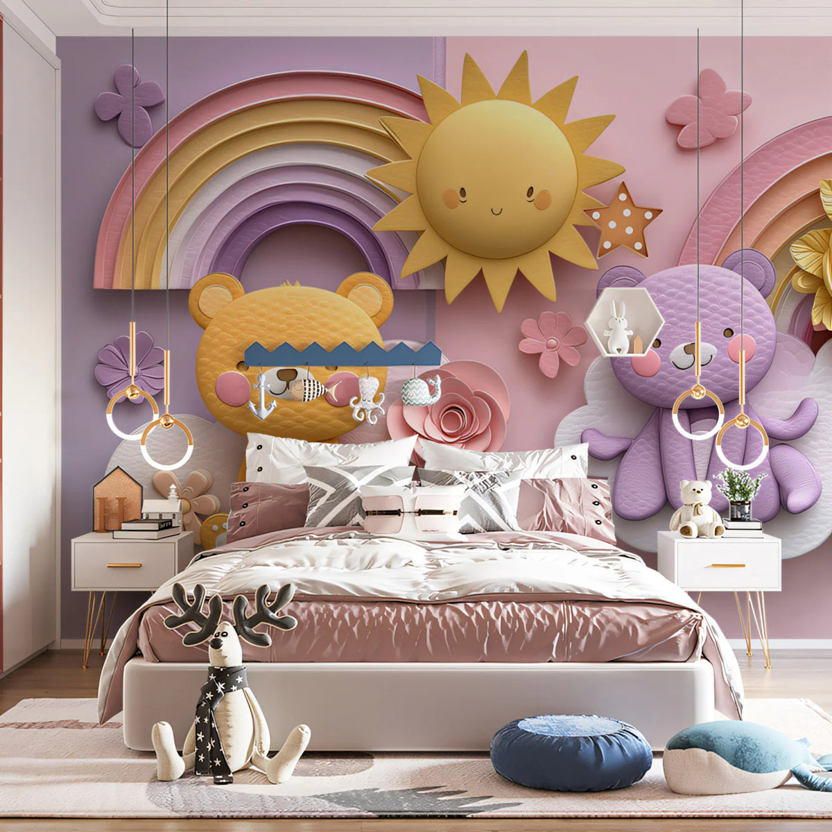 Teddy Bear and Rainbow Mural Wallpaper — Whimsical Pastel Art Mural Wallpaper - room preview 02