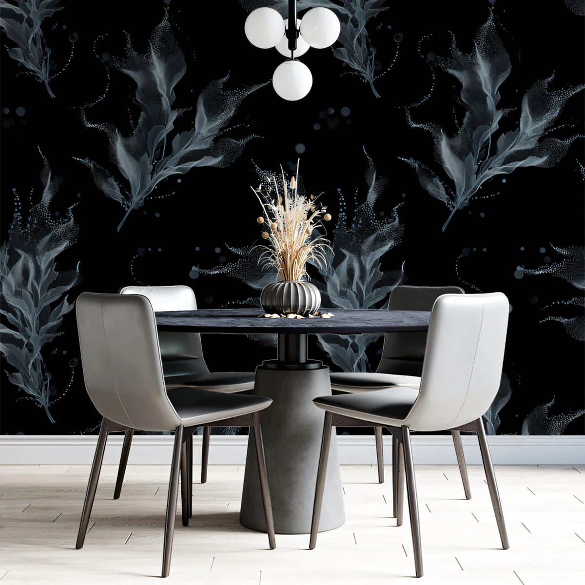 Stippled Kelp Mural Wallpaper — Moody Monochrome Botanical Mural Wallpaper - room preview 02