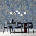 Feathered Leaf Mural Wallpaper — Elegant Painterly Blue and Gold Mural Wallpaper - room preview 02