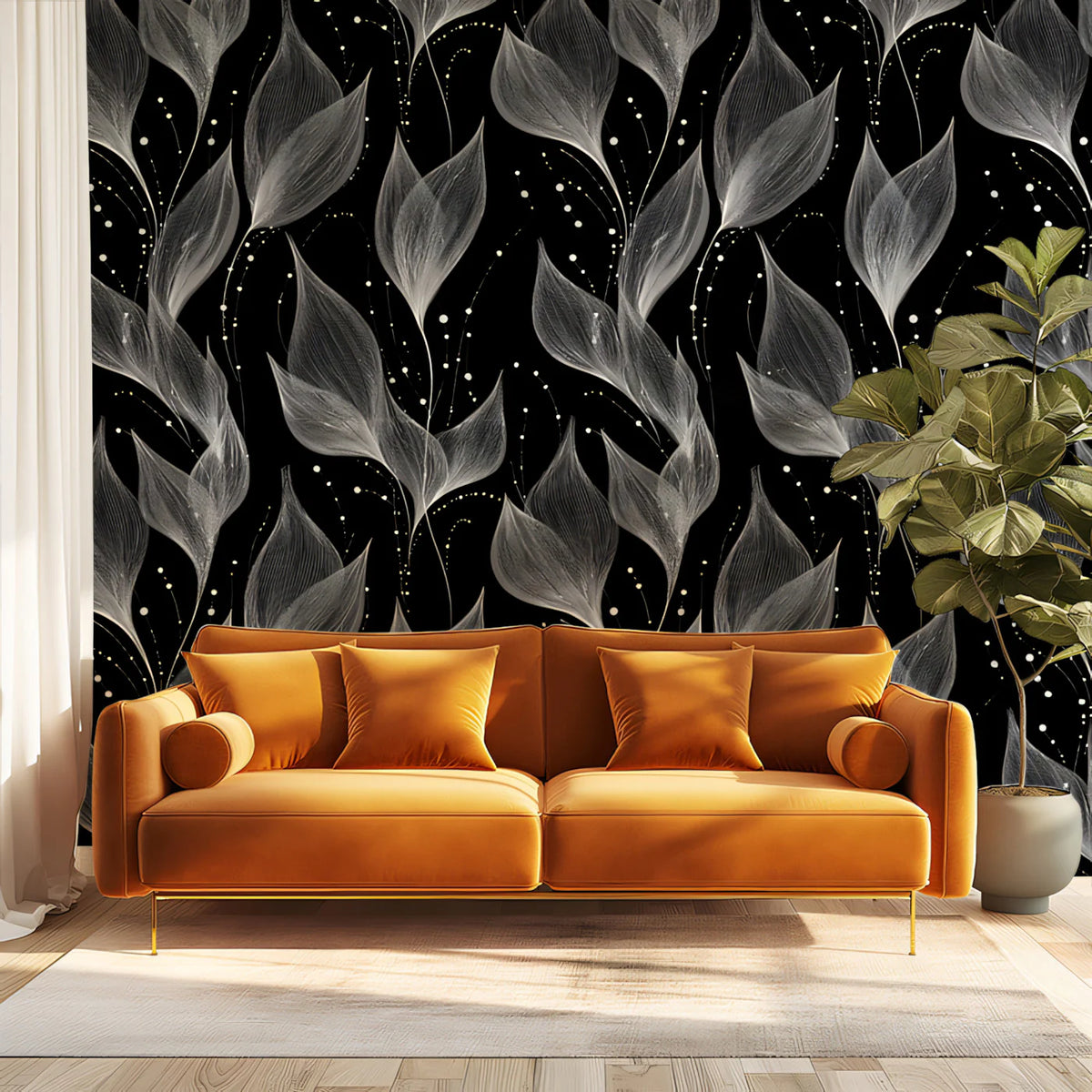 Monochrome Sheer Botanical Mural Wallpaper — Elegant Floral Flow Mural Wallpaper - room preview 02