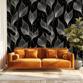 Monochrome Sheer Botanical Mural Wallpaper — Elegant Floral Flow Mural Wallpaper - room preview 02