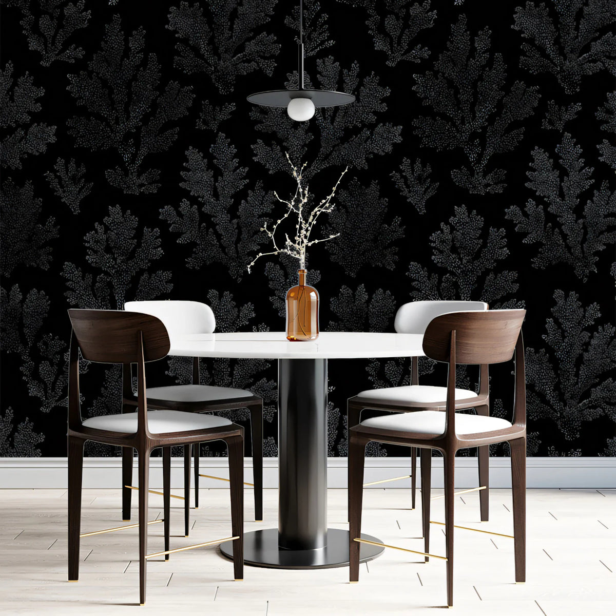 Stippled Coral Damask Mural Wallpaper — Gothic Black and Charcoal Mural Wallpaper - room preview 02