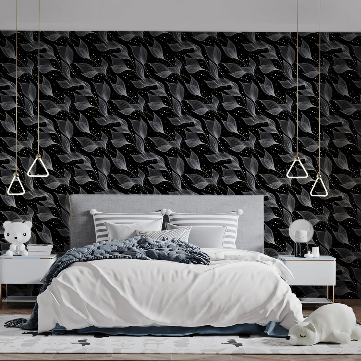 Sheer Leaf Diagonal Mural Wallpaper — Monochrome Botanical Art Mural Wallpaper - room preview 02