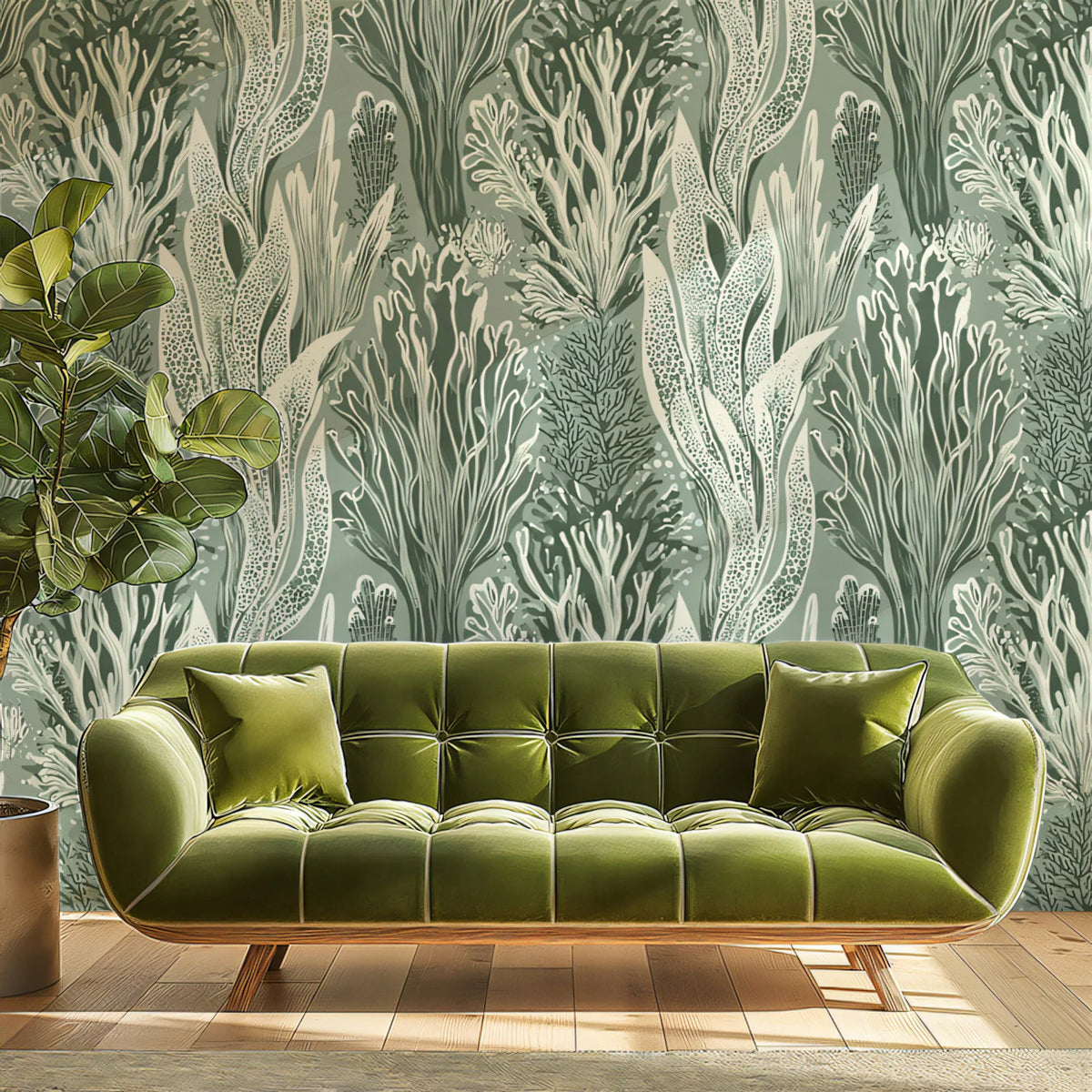 Abstract Seaweed Mural Wallpaper — Sage and Cream Botanical Mural Wallpaper - room preview 02