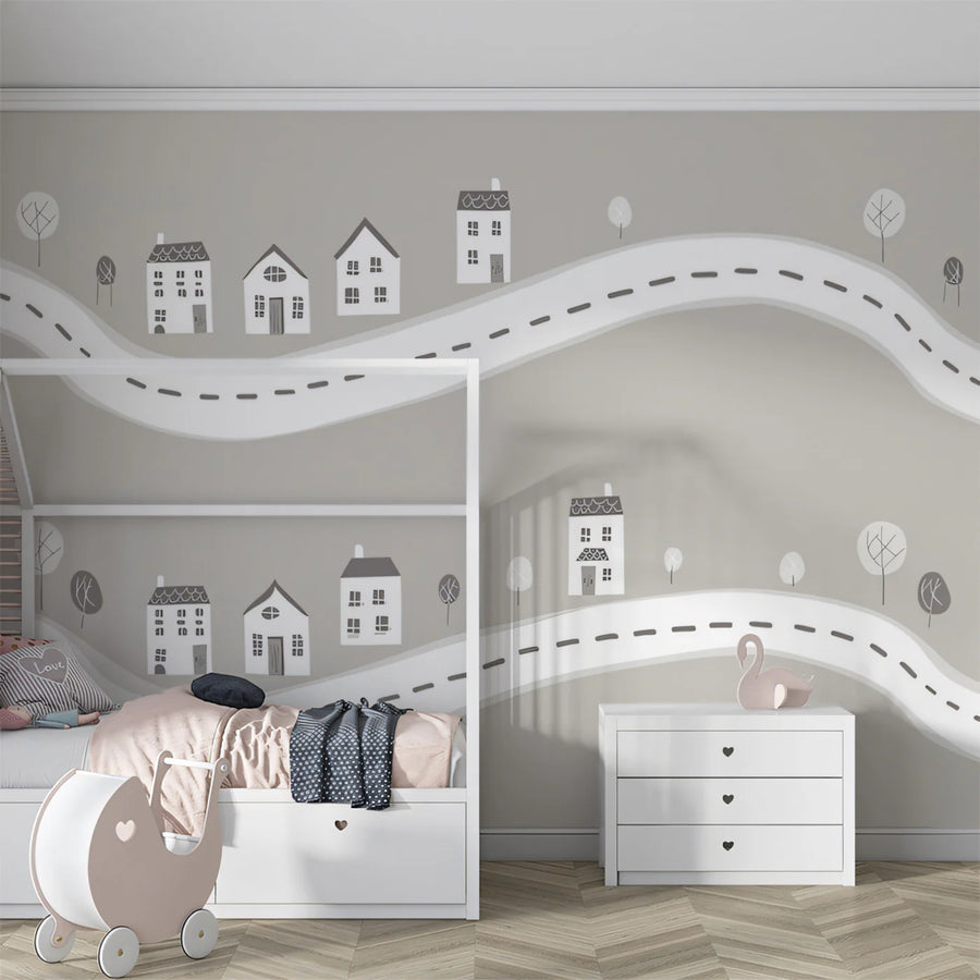 Papier peint mural village en bord de route — Papier peint mural Scandi minimaliste Line Art