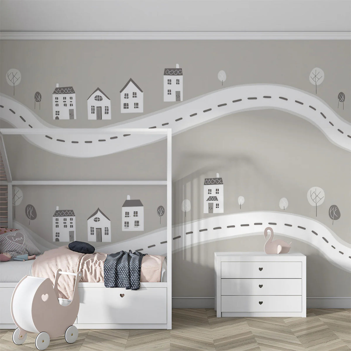 Roadside Village Mural Wallpaper — Minimalist Scandi Line Art Mural Wallpaper - room preview 02