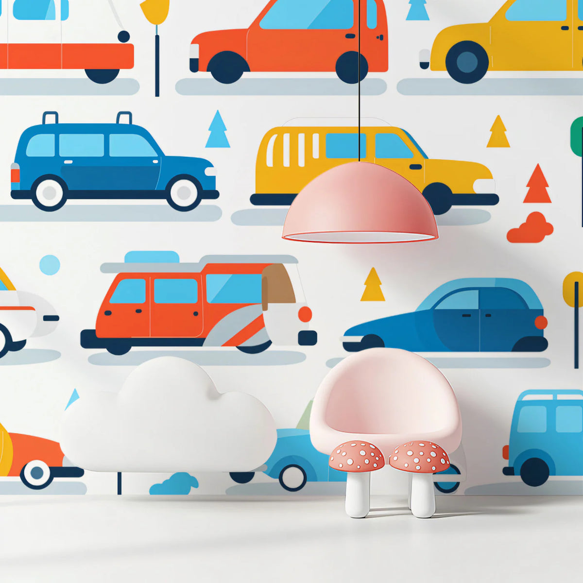 Retro Road Trip Mural Wallpaper —Playful Mid-Century Car Motif Mural Wallpaper - room preview 02