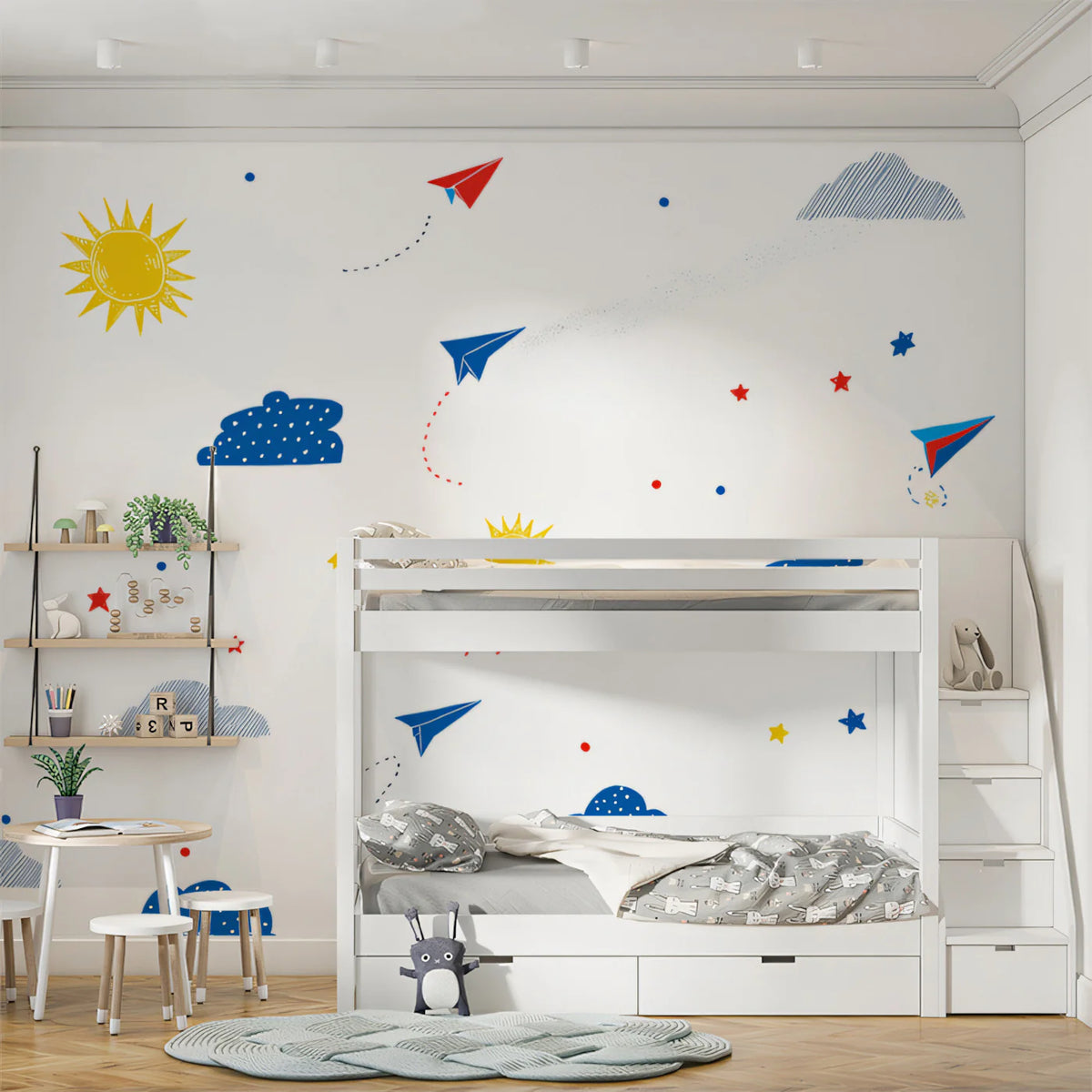 Paper Airplane Sky Mural Wallpaper — Playful Doodle Pattern Mural Wallpaper - room preview 02