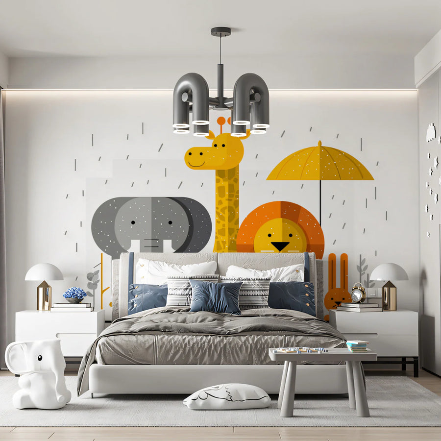 Safari Wallpaper Mural – Wild Animals Wall Mural – Safari Friends Rain Umbrella — Geometric Design