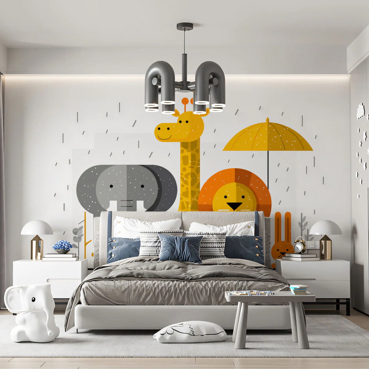 Safari Friends Rain Umbrella Mural Wallpaper — Geometric Design Mural Wallpaper - room preview 02