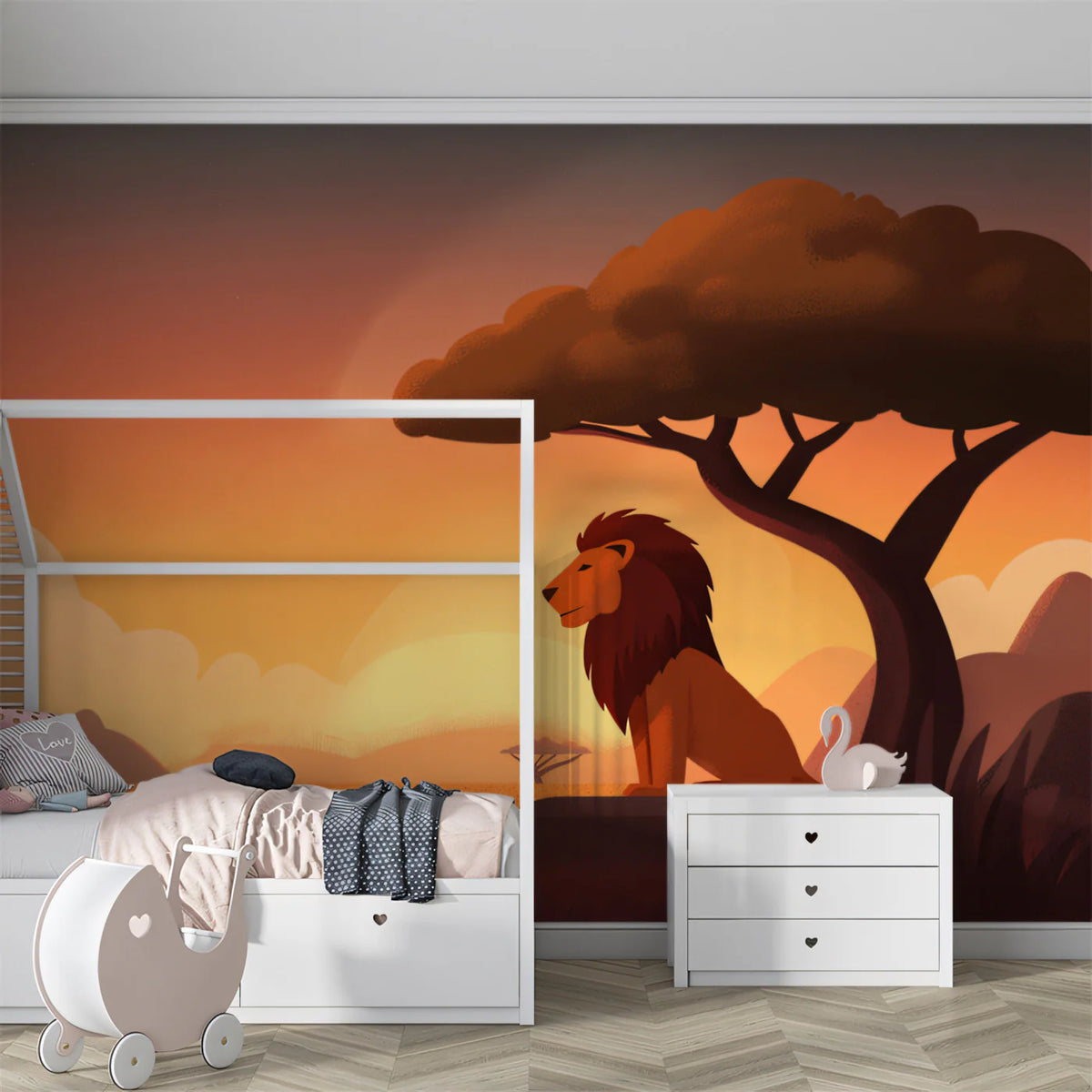 Lion at Sunset Savannah Mural Wallpaper — Minimalist Landscape Mural Wallpaper - room preview 02