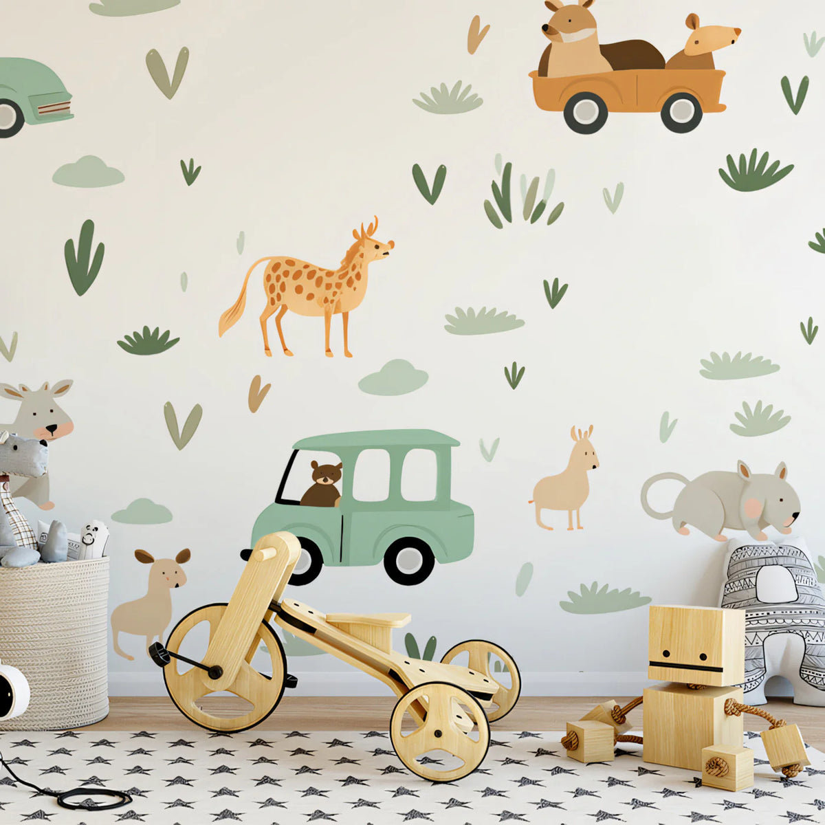 Safari Road Trip Mural Wallpaper — Whimsical Animal Pattern Mural Wallpaper - room preview 02
